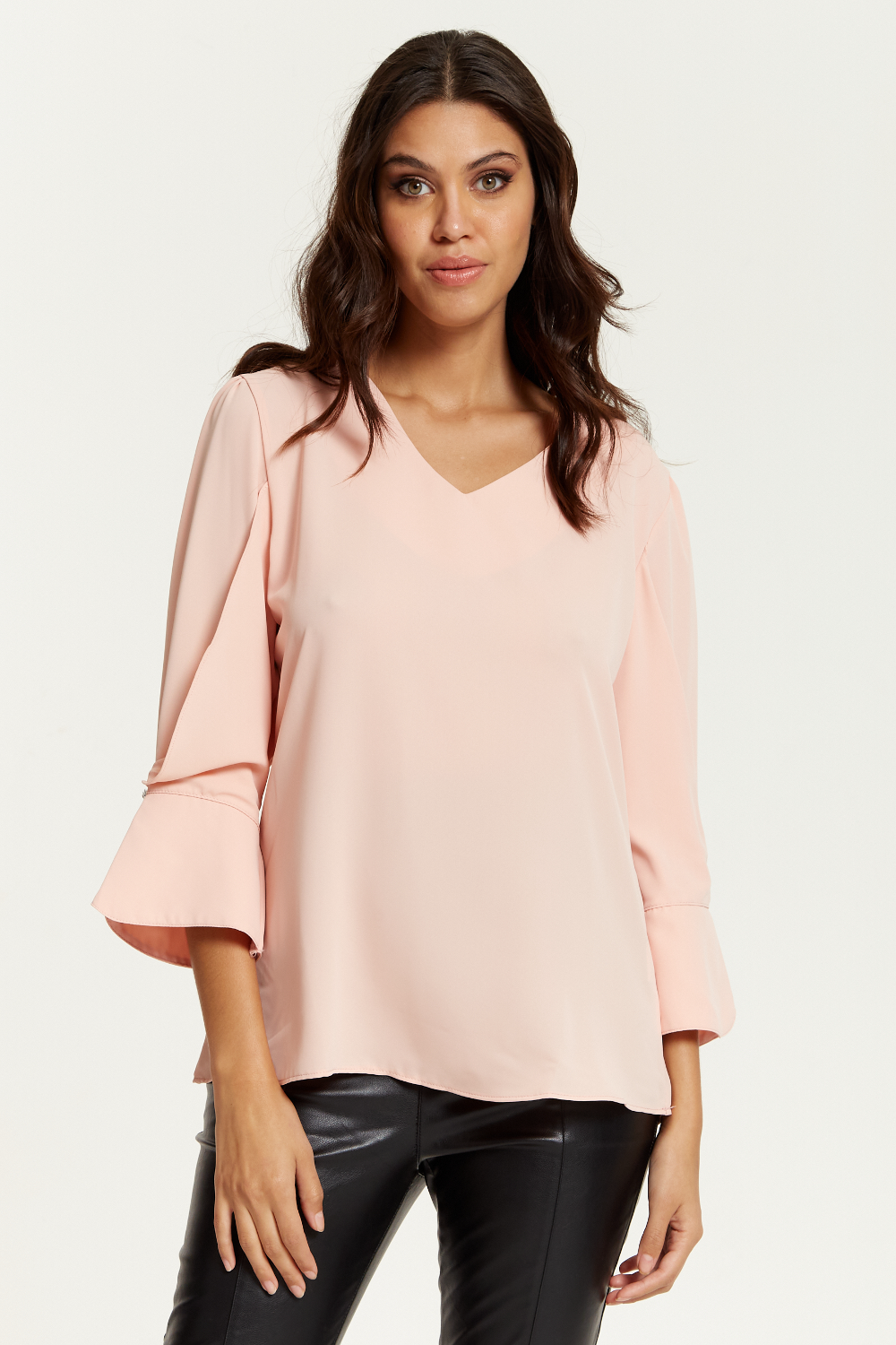 Long Sleeves Detailed Cuff Blouse with V Neck in Pink