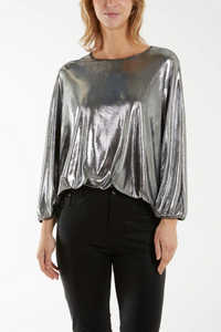 Long Sleeve Metallic Round Neck Bubble Hem Top in Silver