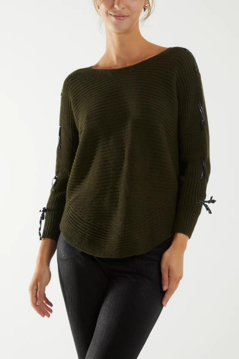 Oversized Knitted Long Sleeves Jumper with Ribbon Details in Khaki