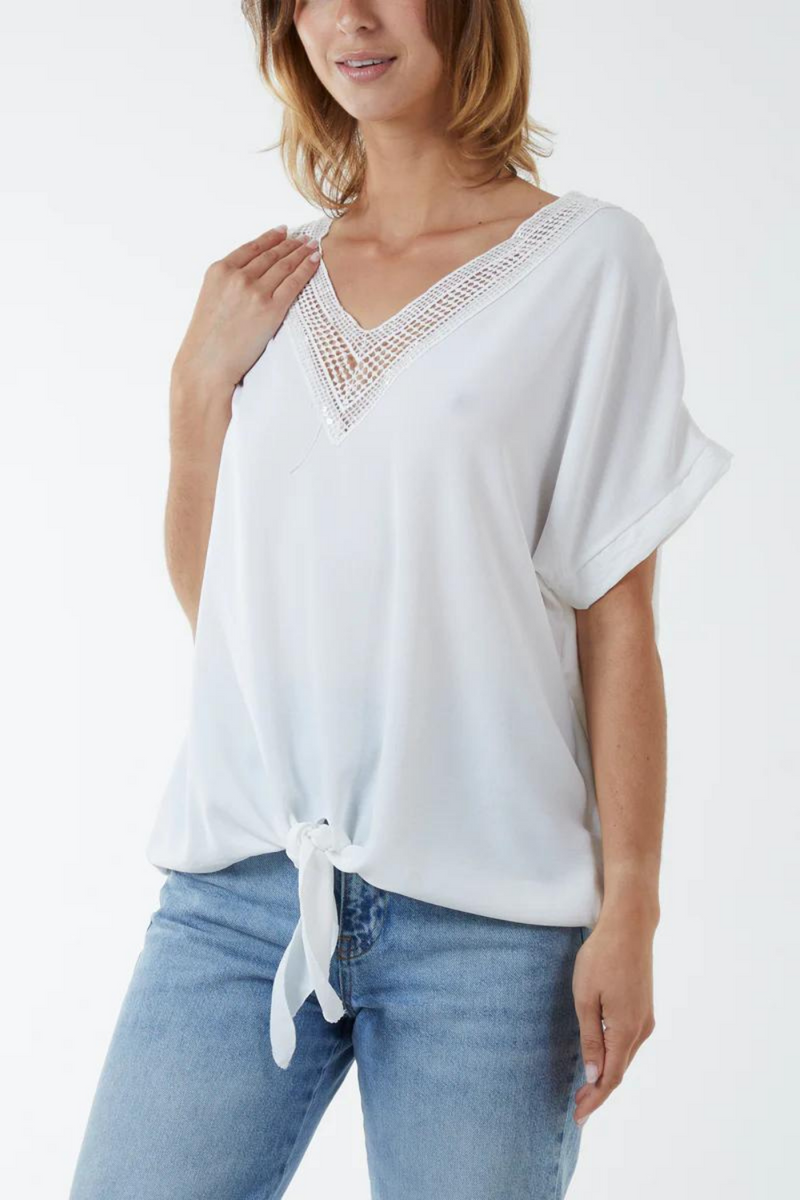 Oversized Short Sleeves Broderie and Sequin Detailed V Neck Blouse Top with Tie Detail in White