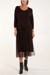 Relaxed Fit Layered Knit and Pleated Dress Set in Mocha