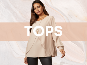 Oversized Layered Round Neck Long Sleeve Blouse Top in Beige with Necklace