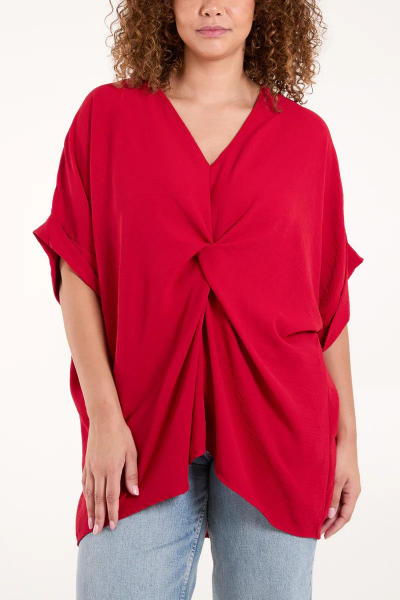 Oversized Short Sleeves Twist Front Cocoon Tunic Top in Red