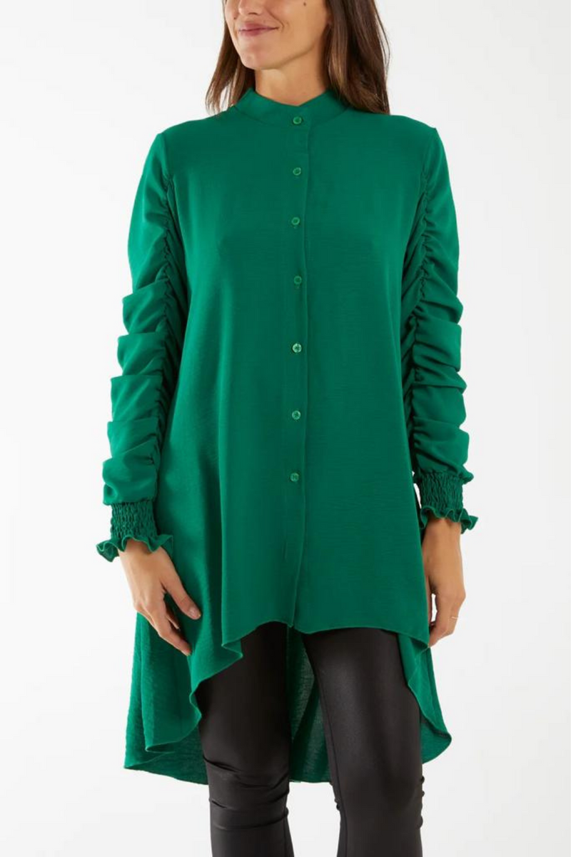 Relaxed Fit Shirred Long Sleeve Ruffle Detailed Shirt Tunic in Green