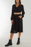 Loose Fit Long Sleeves V Neck Midi Dress with Matching Belt in Black
