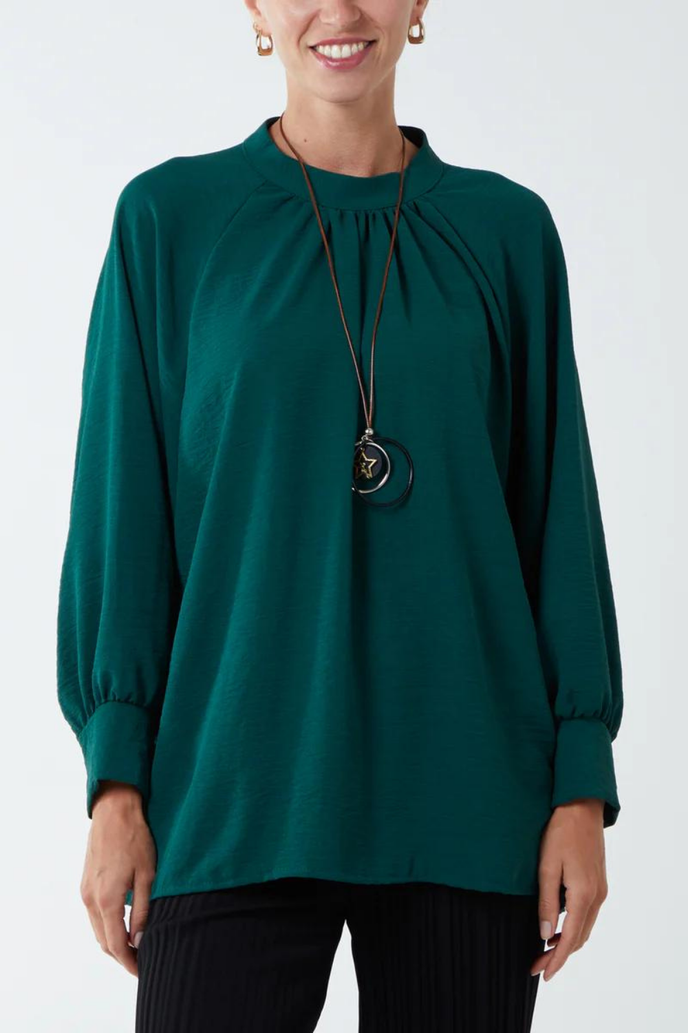 Oversized Batwing Long Sleeves Top with High Neck Detail in Green