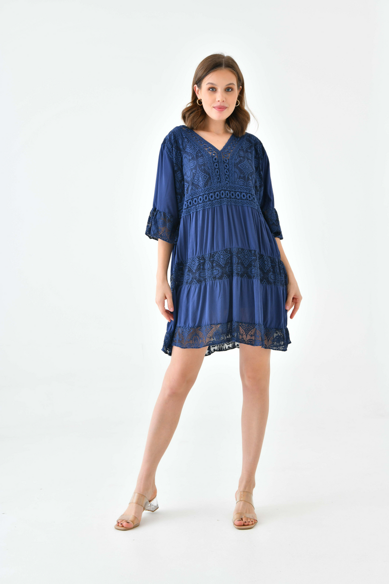 Oversized 3/4 Sleeves Lace Detailed V Neck Mini Dress in Navy