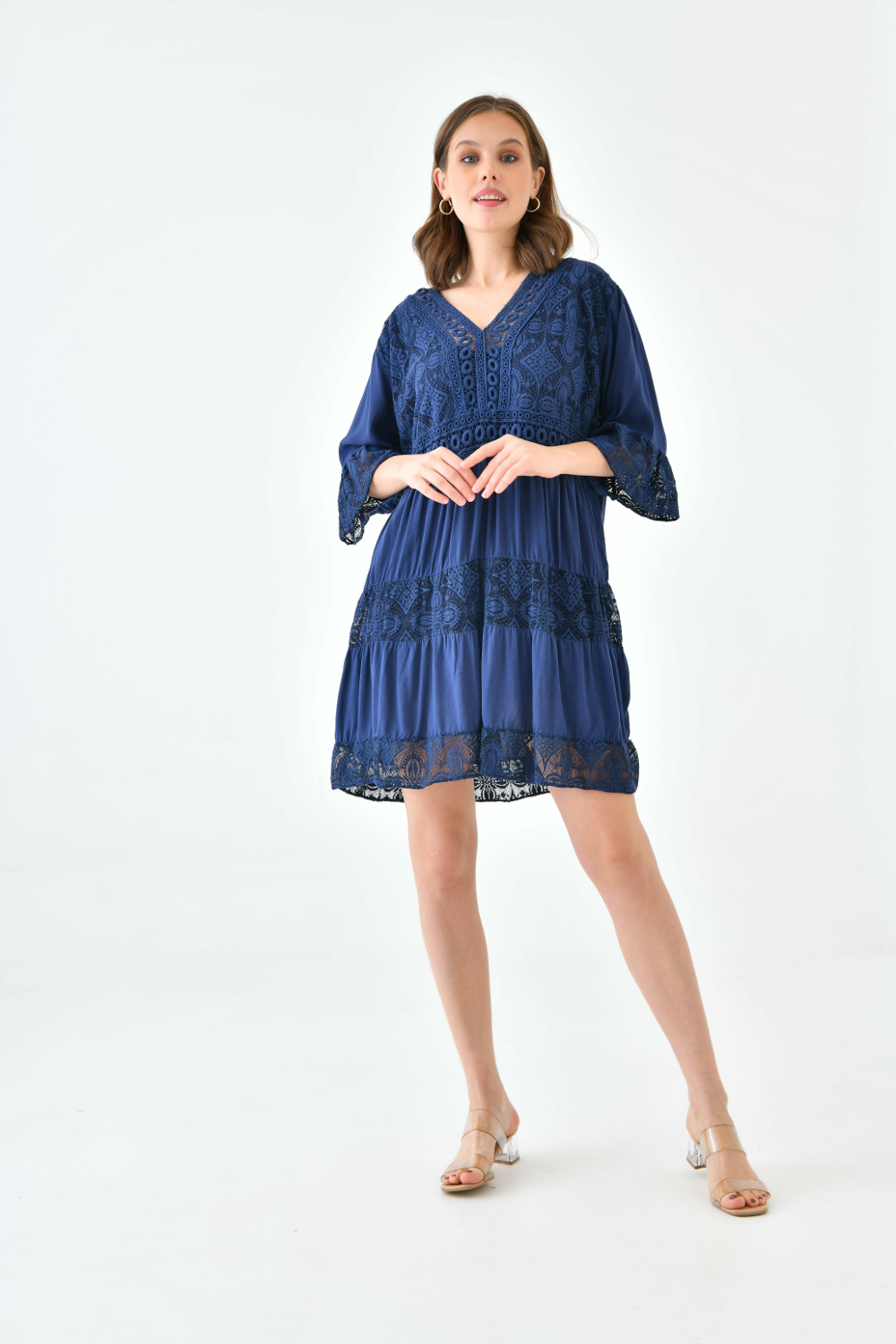 Oversized 3/4 Sleeves Lace Detailed V Neck Mini Dress in Navy