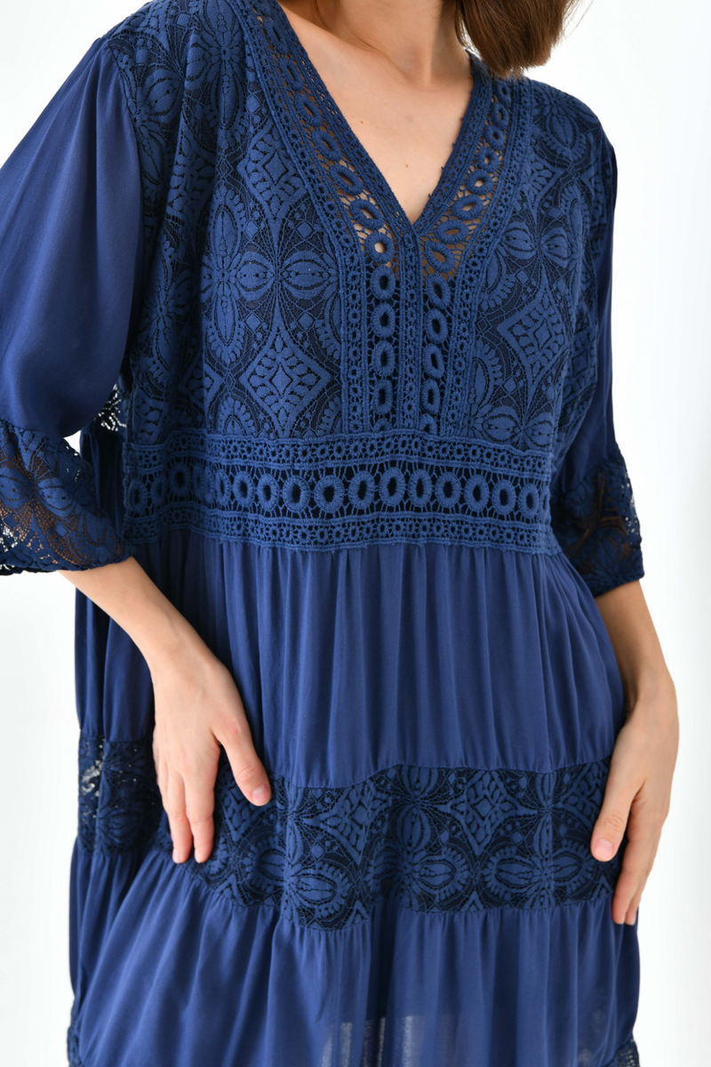 Oversized 3/4 Sleeves Lace Detailed V Neck Mini Dress in Navy