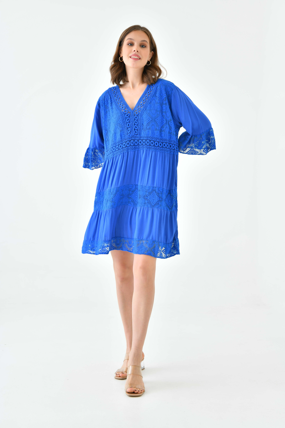Oversized 3/4 Sleeves Lace Detailed V Neck Mini Dress in Royal Blue