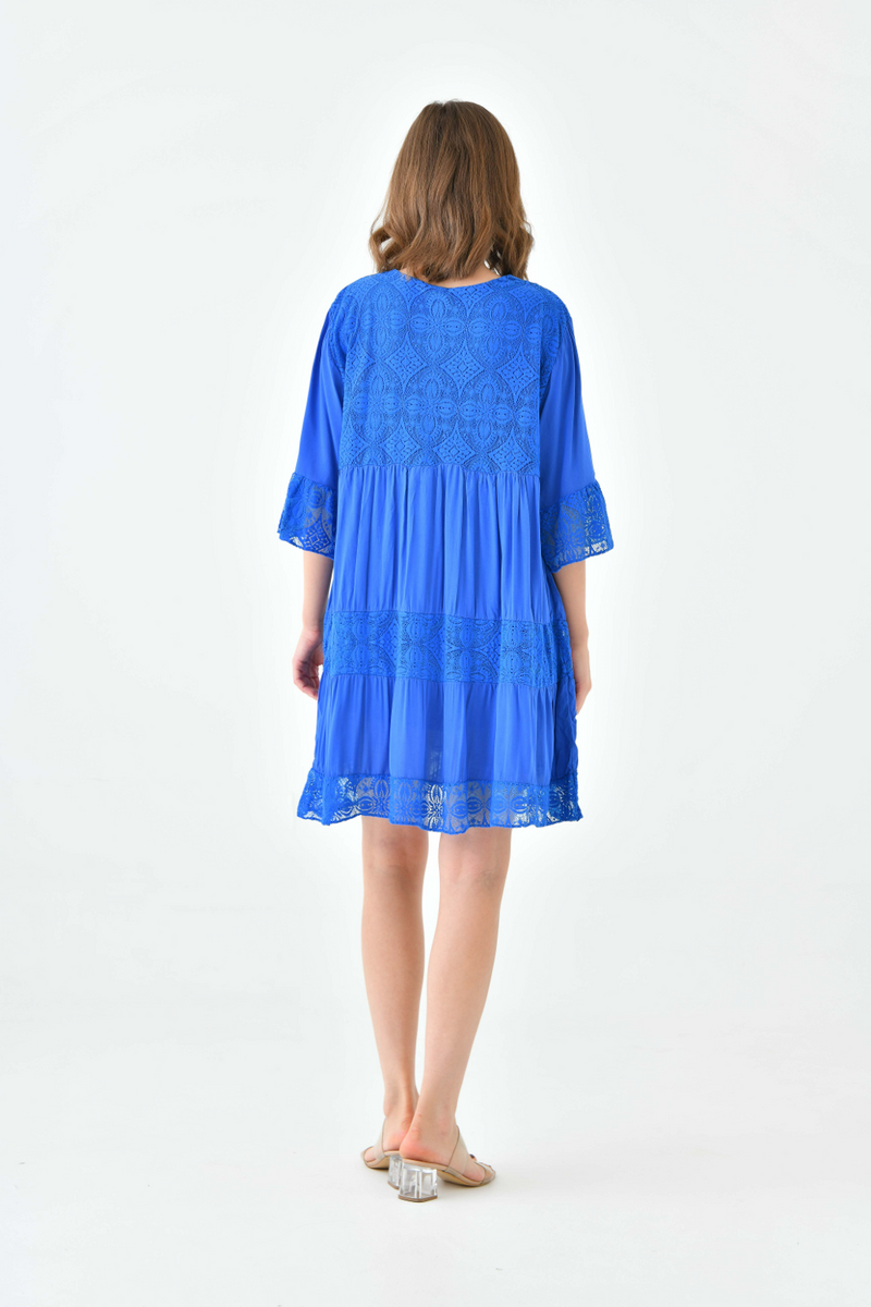 Oversized 3/4 Sleeves Lace Detailed V Neck Mini Dress in Royal Blue