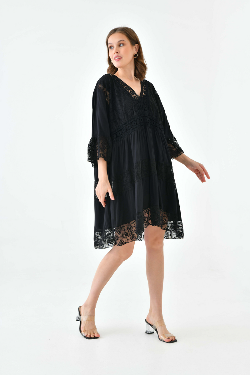 Oversized 3/4 Sleeves Lace Detailed V Neck Mini Dress in Black