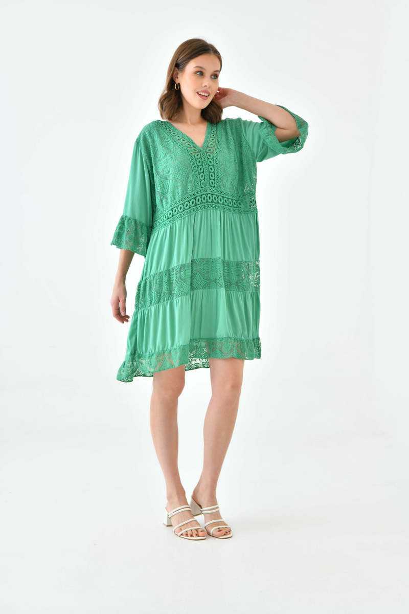 Oversized 3/4 Sleeves Lace Detailed V Neck Mini Dress in Green