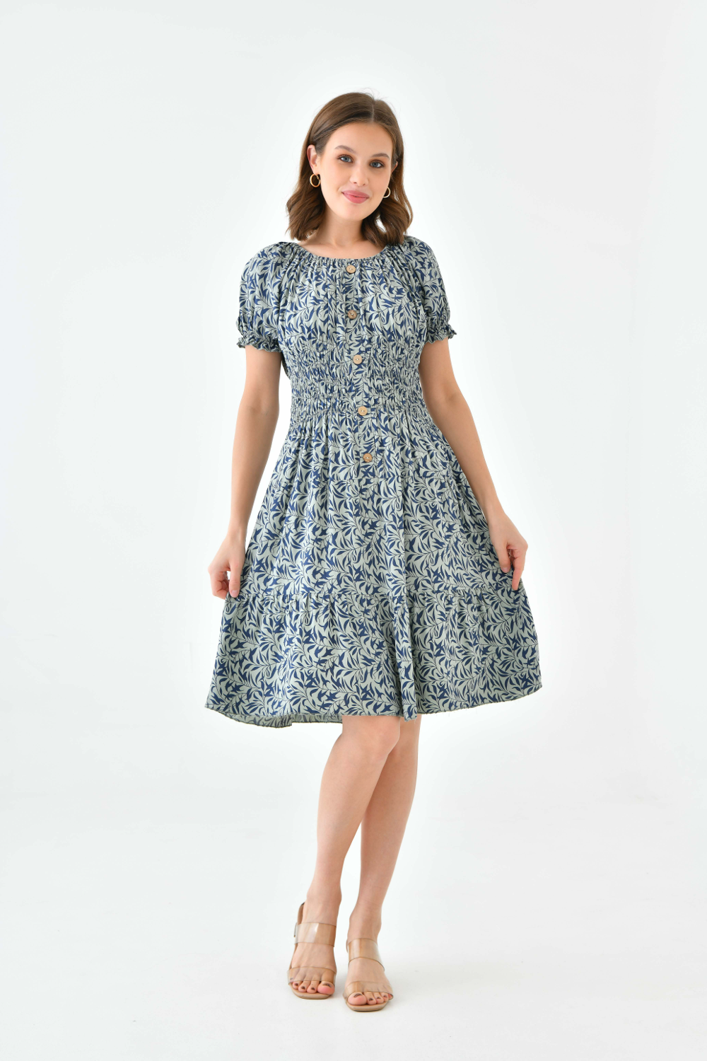 Oversized Shirred Waist Button Down Mini Dress with Leaf Print in Khaki