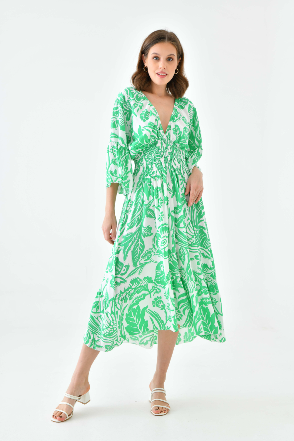 Oversized Flutter Sleeves Shirred Waist V Neck Midi Dress with Floral Print in Green and White