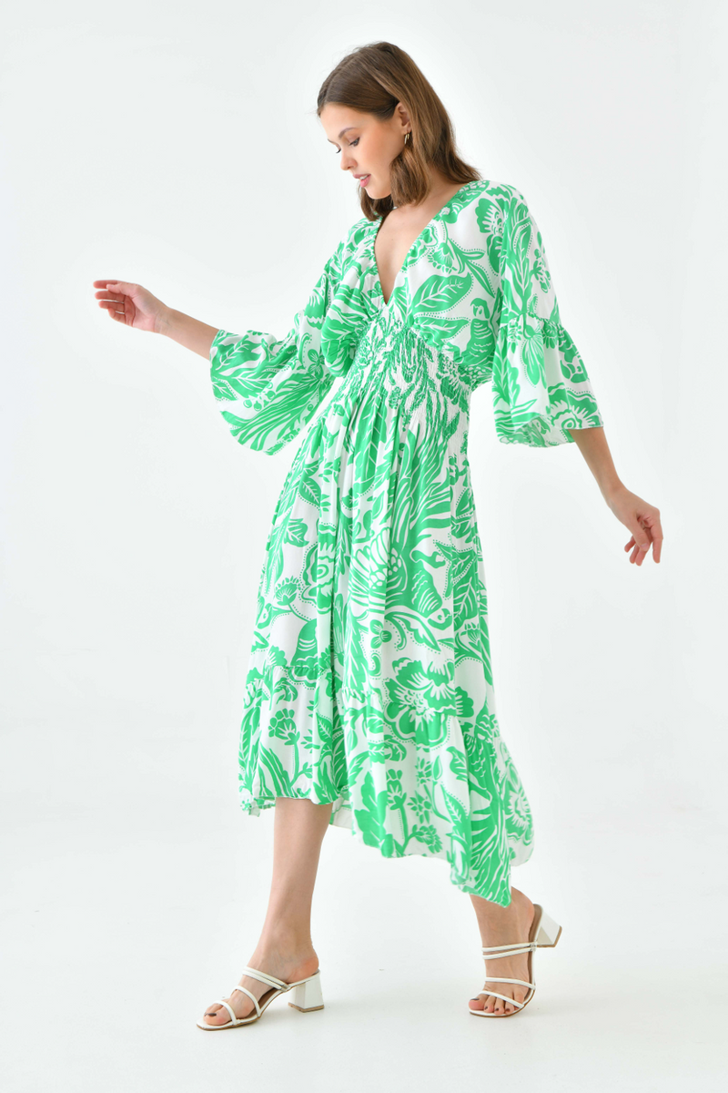 Oversized Flutter Sleeves Shirred Waist V Neck Midi Dress with Floral Print in Green and White