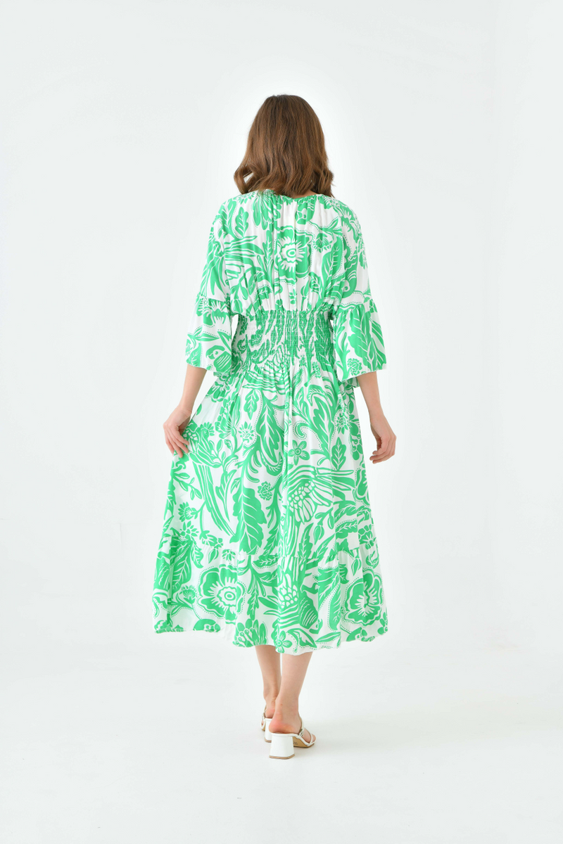 Oversized Flutter Sleeves Shirred Waist V Neck Midi Dress with Floral Print in Green and White