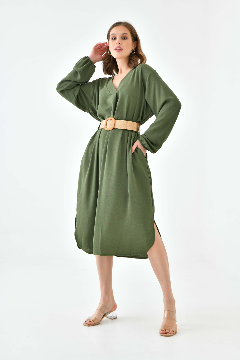 Oversized Long Sleeves V Neck Midi Dress with Matching Belt in Khaki