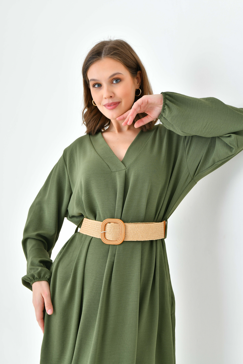 Oversized Long Sleeves V Neck Midi Dress with Matching Belt in Khaki