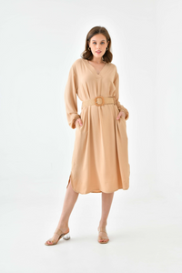Oversized Long Sleeves V Neck Midi Dress with Matching Belt in Beige