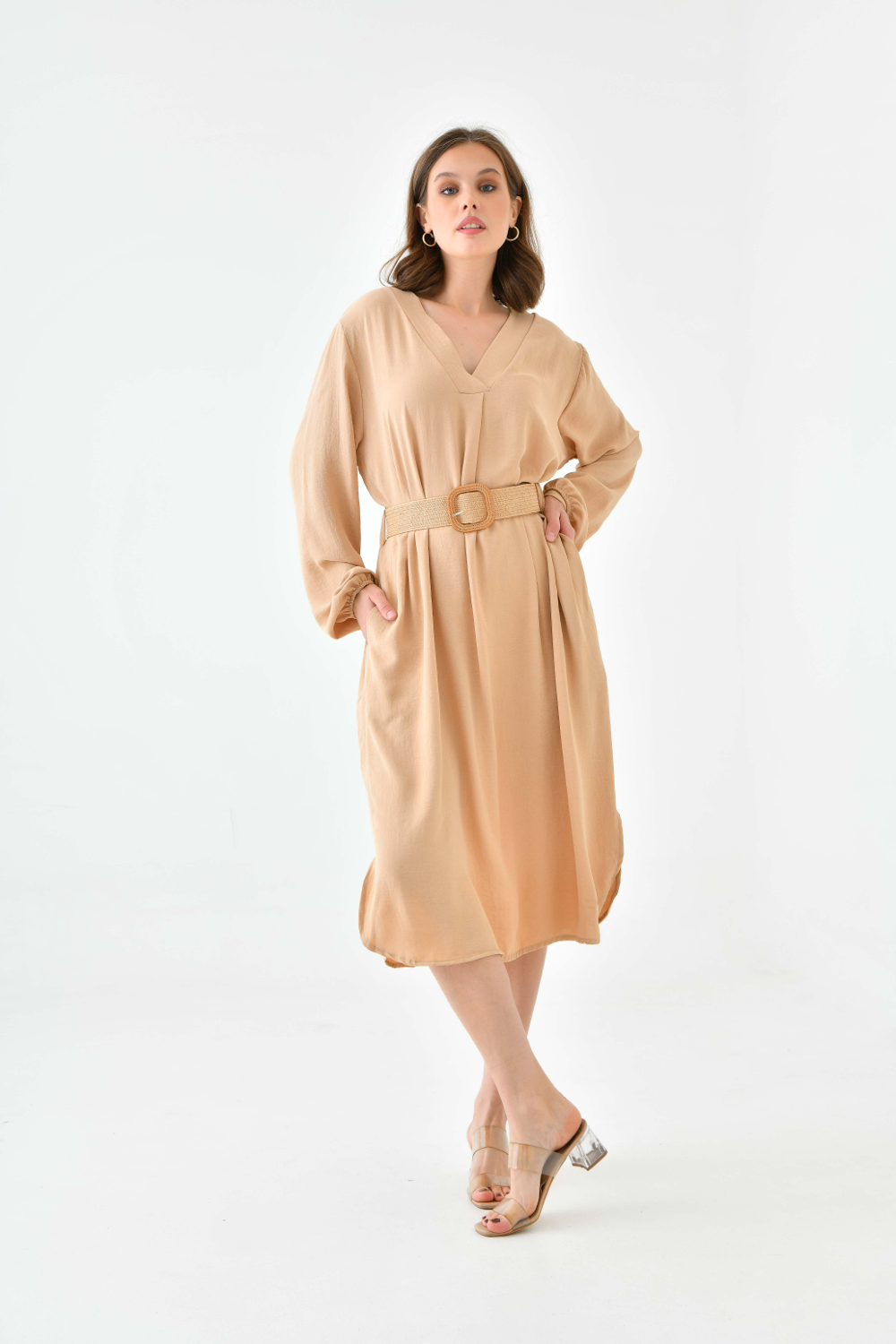 Oversized Long Sleeves V Neck Midi Dress with Matching Belt in Beige