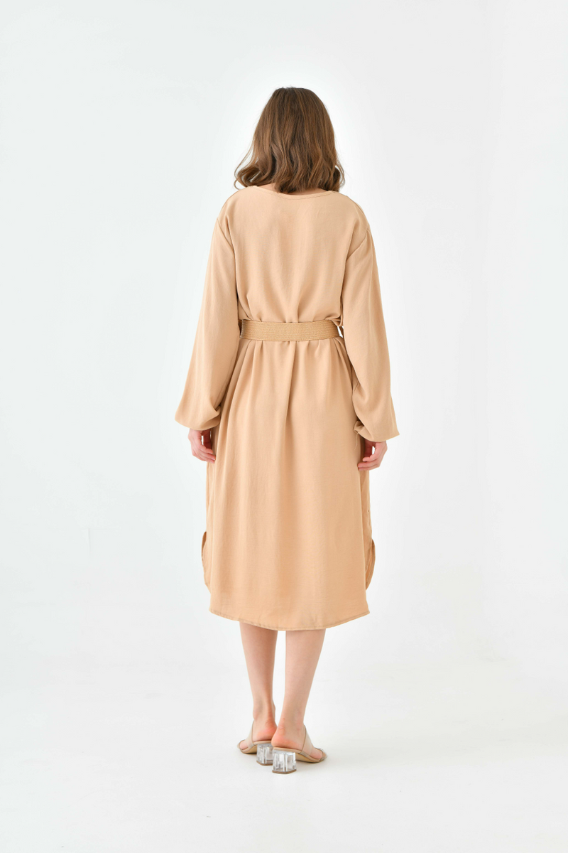 Oversized Long Sleeves V Neck Midi Dress with Matching Belt in Beige