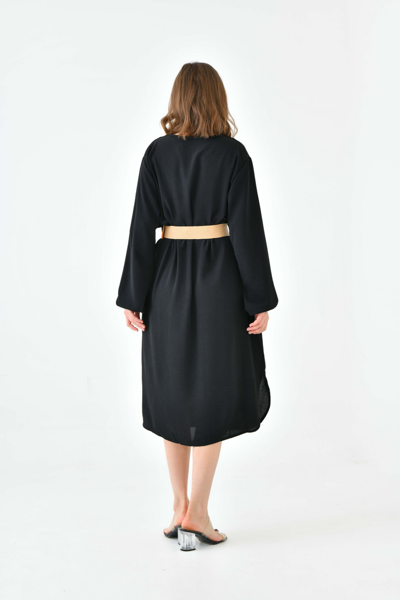 Oversized Long Sleeves V Neck Midi Dress with Matching Belt in Black