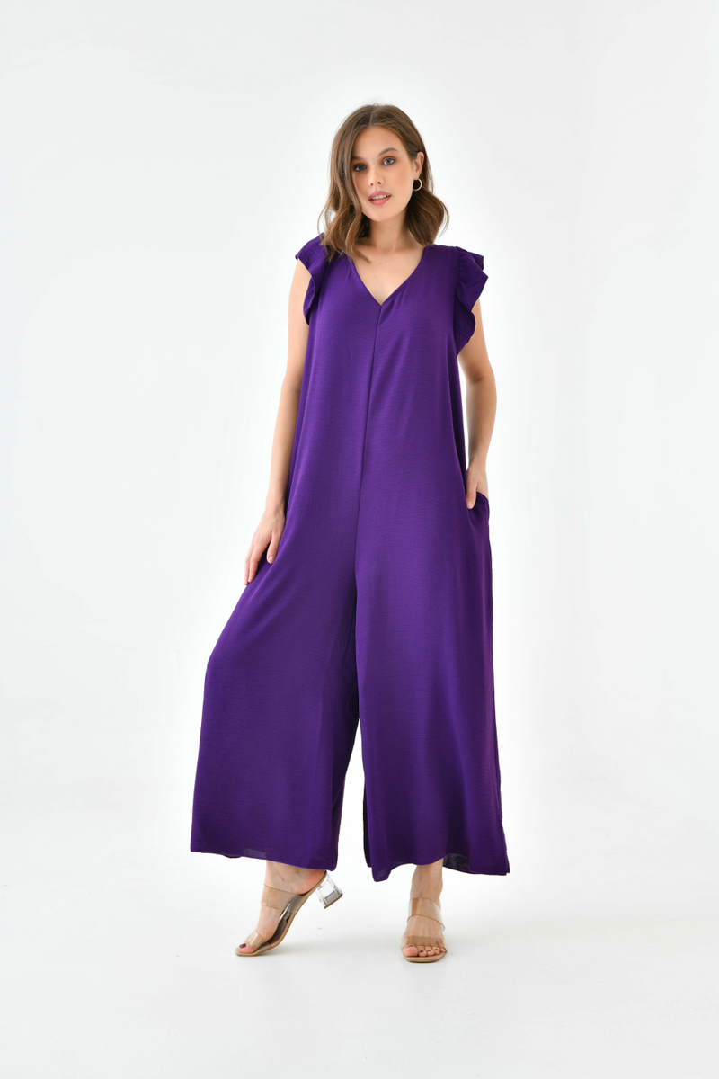 Oversized Back Detailed Ruffle Sleeve V Neck Jumpsuit with Wide Leg in Purple
