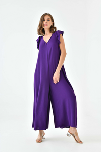 Oversized Back Detailed Ruffle Sleeve V Neck Jumpsuit with Wide Leg in Purple