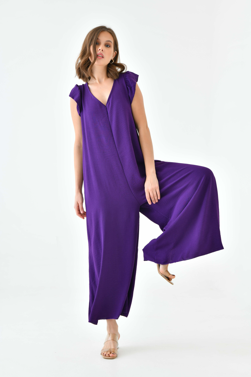 Oversized Back Detailed Ruffle Sleeve V Neck Jumpsuit with Wide Leg in Purple