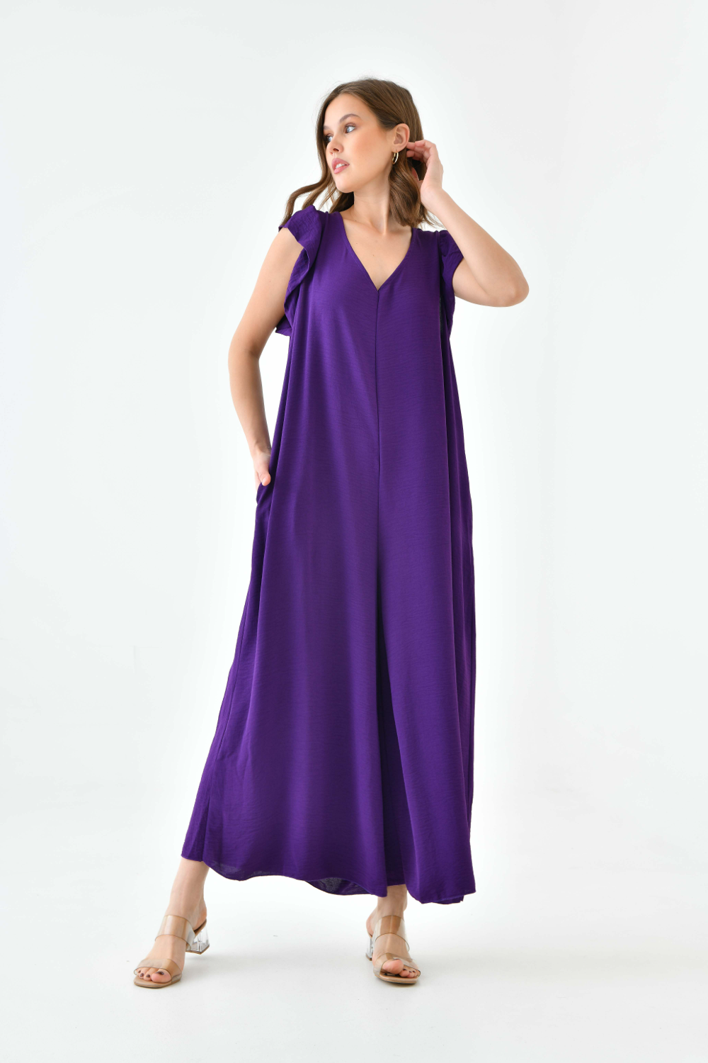 Oversized Back Detailed Ruffle Sleeve V Neck Jumpsuit with Wide Leg in Purple