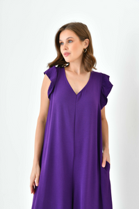 Oversized Back Detailed Ruffle Sleeve V Neck Jumpsuit with Wide Leg in Purple