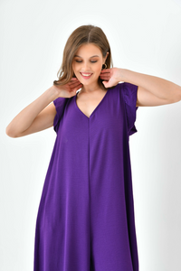 Oversized Back Detailed Ruffle Sleeve V Neck Jumpsuit with Wide Leg in Purple