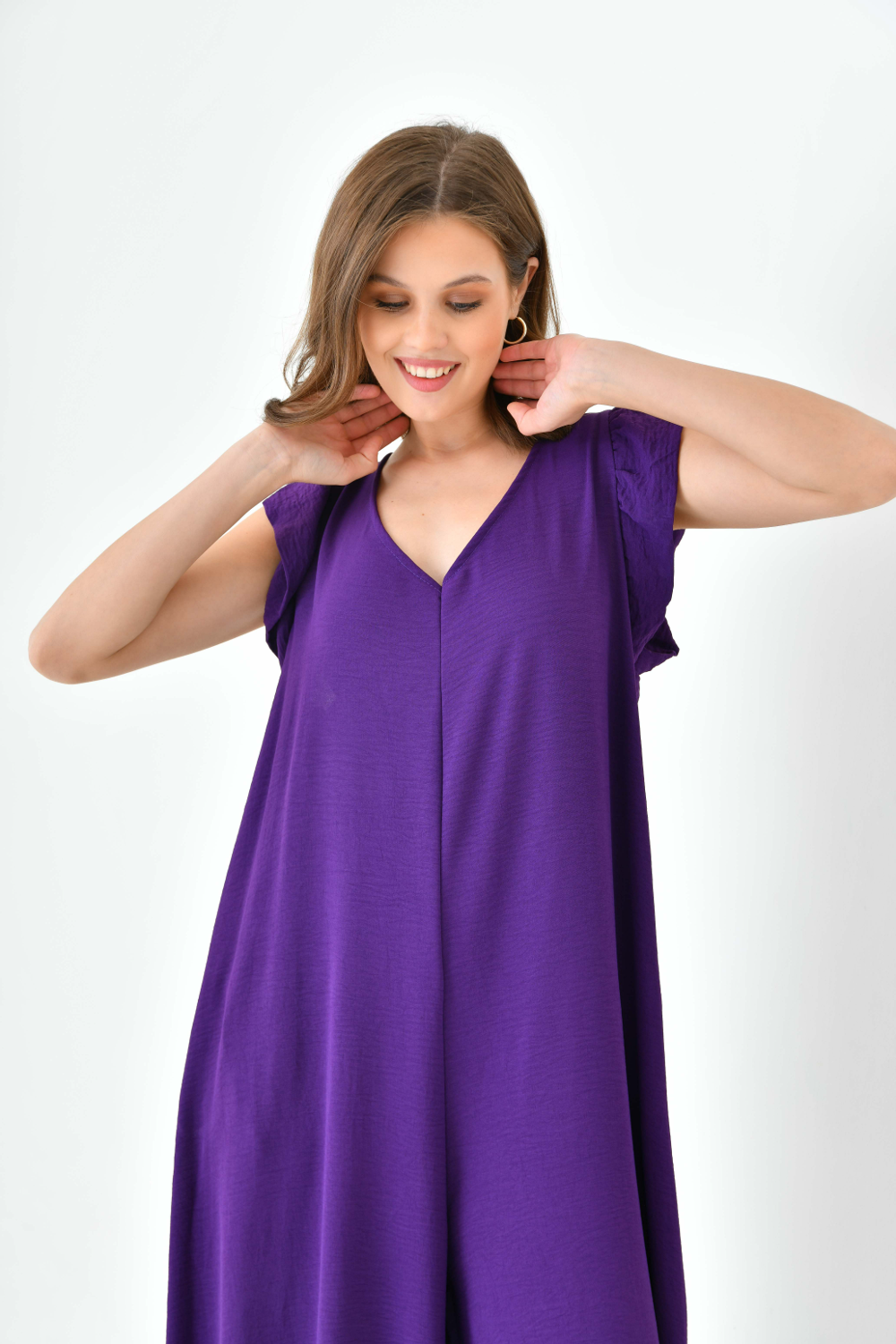 Oversized Back Detailed Ruffle Sleeve V Neck Jumpsuit with Wide Leg in Purple