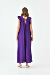 Oversized Back Detailed Ruffle Sleeve V Neck Jumpsuit with Wide Leg in Purple