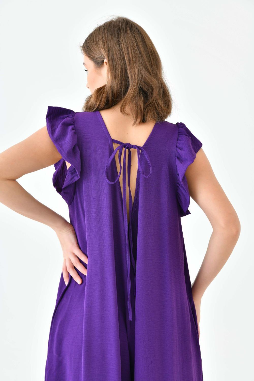 Oversized Back Detailed Ruffle Sleeve V Neck Jumpsuit with Wide Leg in Purple