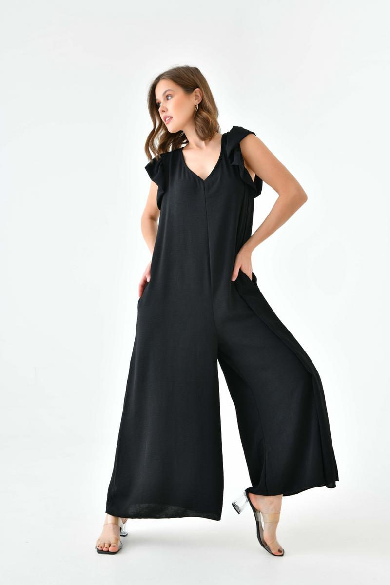Oversized Back Detailed Ruffle Sleeve V Neck Jumpsuit with Wide Leg in Black