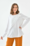 Oversized Long Sleeves Crew Neck Blouse Top with Pussy Bow Detail in White