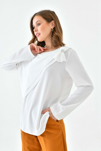 Oversized Long Sleeves Crew Neck Blouse Top with Pussy Bow Detail in White