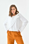 Oversized Long Sleeves Crew Neck Blouse Top with Pussy Bow Detail in White