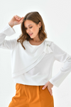 Oversized Long Sleeves Crew Neck Blouse Top with Pussy Bow Detail in White