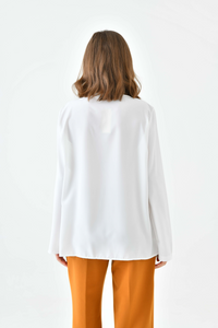 Oversized Long Sleeves Crew Neck Blouse Top with Pussy Bow Detail in White