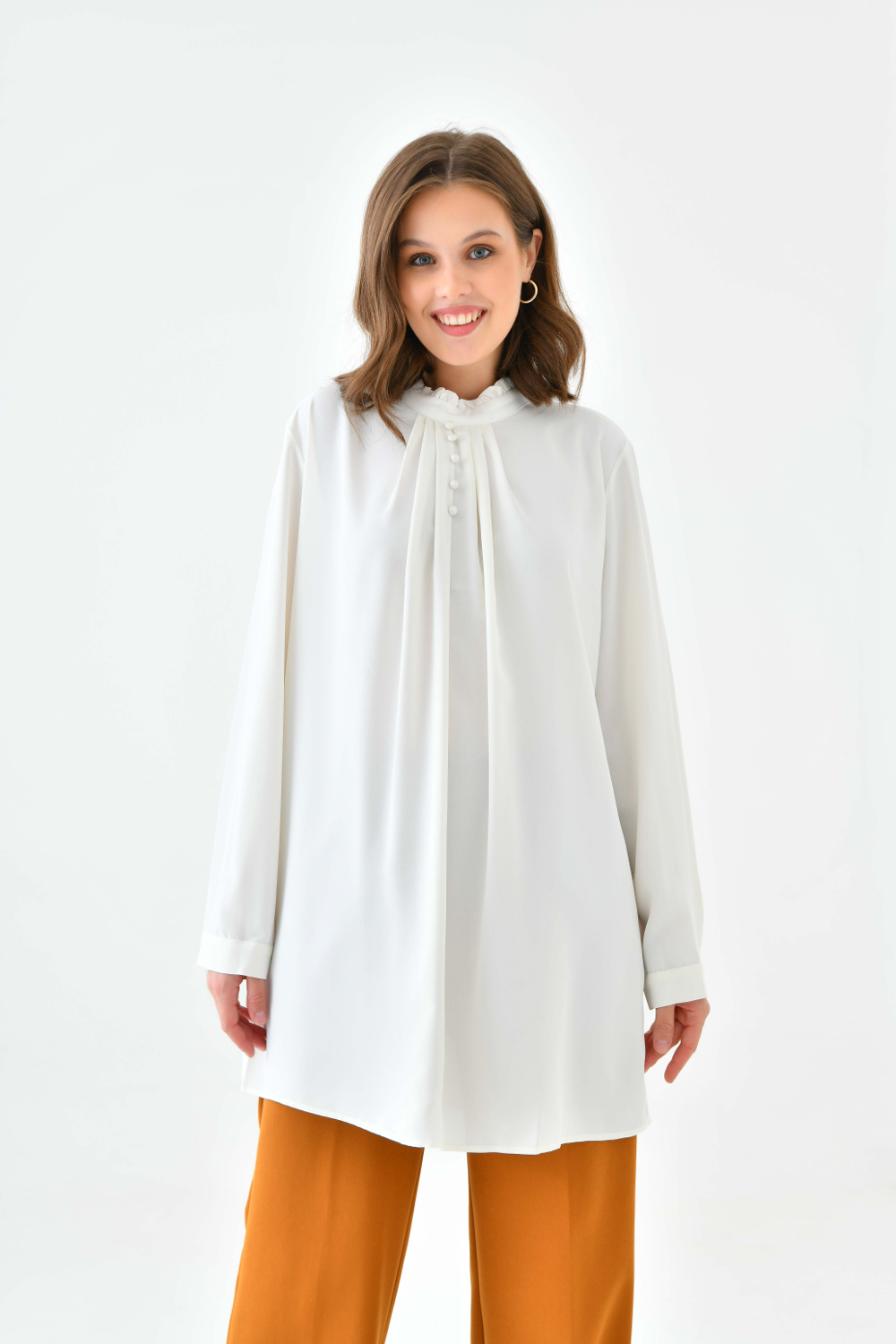 Oversized Long Sleeve Button Detailed Tunic Top in White