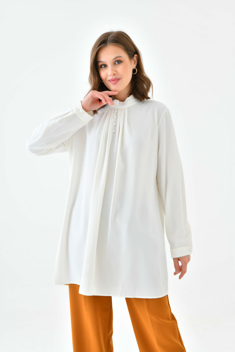 Oversized Long Sleeve Button Detailed Tunic Top in White