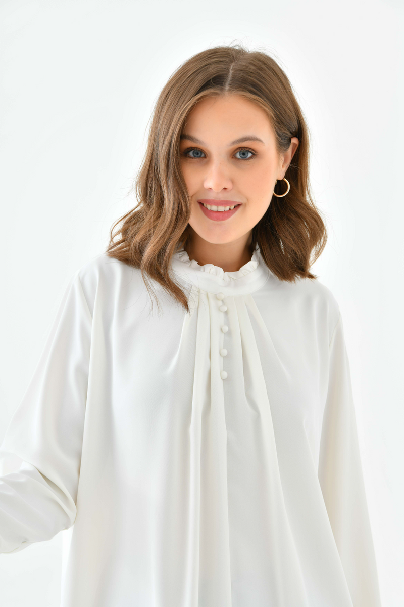 Oversized Long Sleeve Button Detailed Tunic Top in White