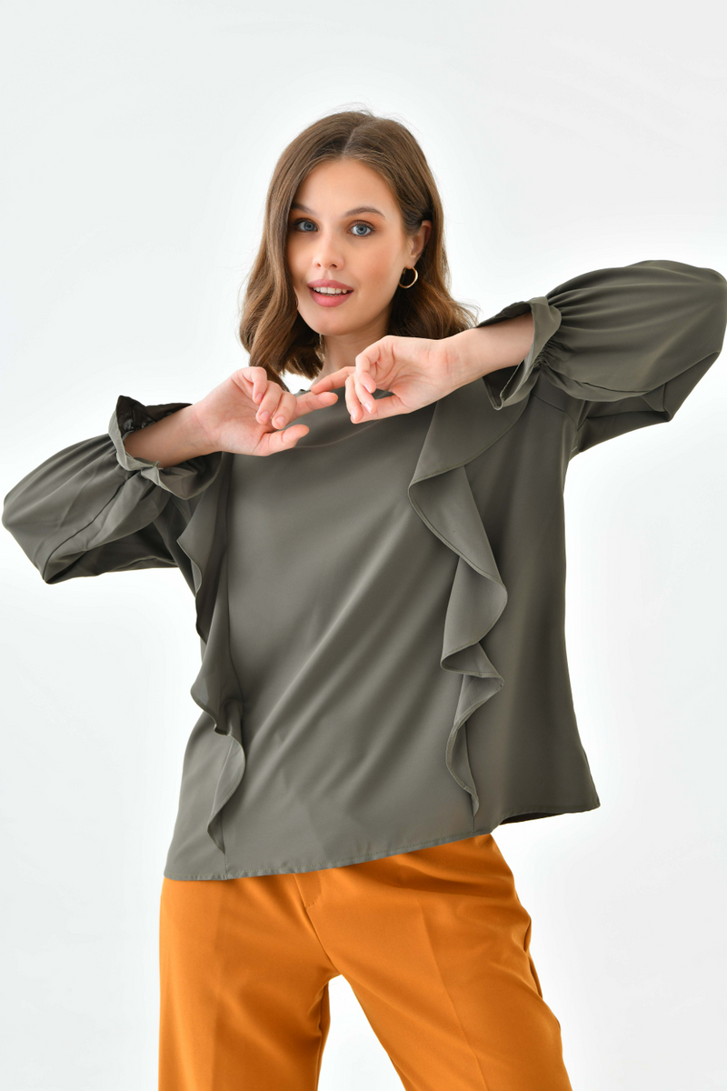 Oversized Frilled Front Blouse with Detailed Cuffs in Khaki