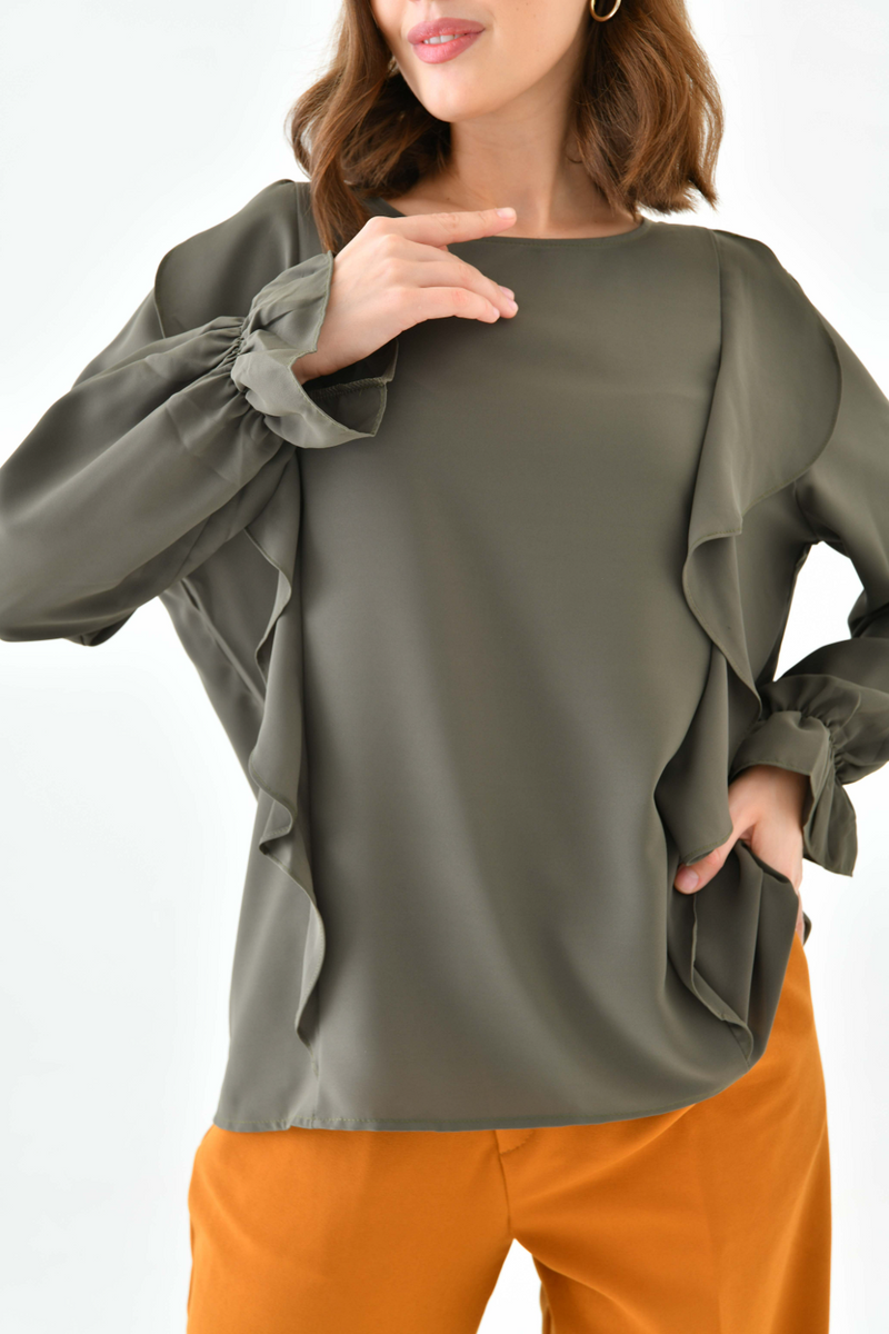 Oversized Frilled Front Blouse with Detailed Cuffs in Khaki