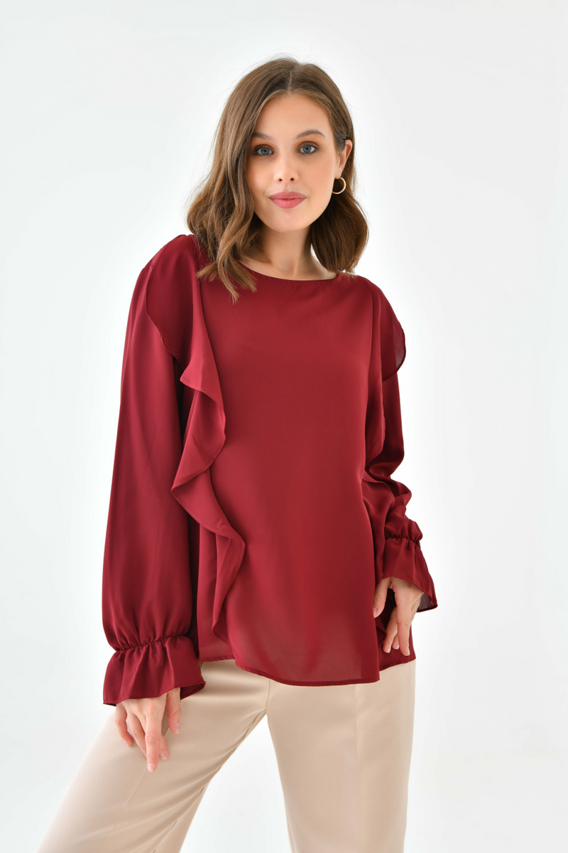 Oversized Frilled Front Blouse with Detailed Cuffs in Burgundy