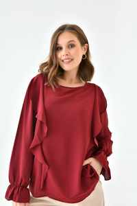 Oversized Frilled Front Blouse with Detailed Cuffs in Burgundy