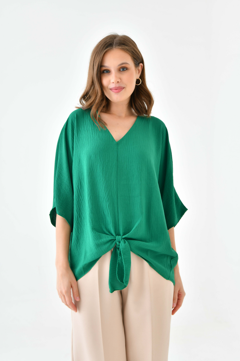 Oversized V Neck Tie Front Detailed Blouse with 3/4 Sleeves in Green
